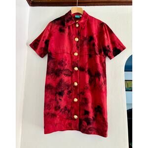 Chloe Cox Upcycled / Handmade Red & Black Linen Tie Dye Shirt Dress- Size Small